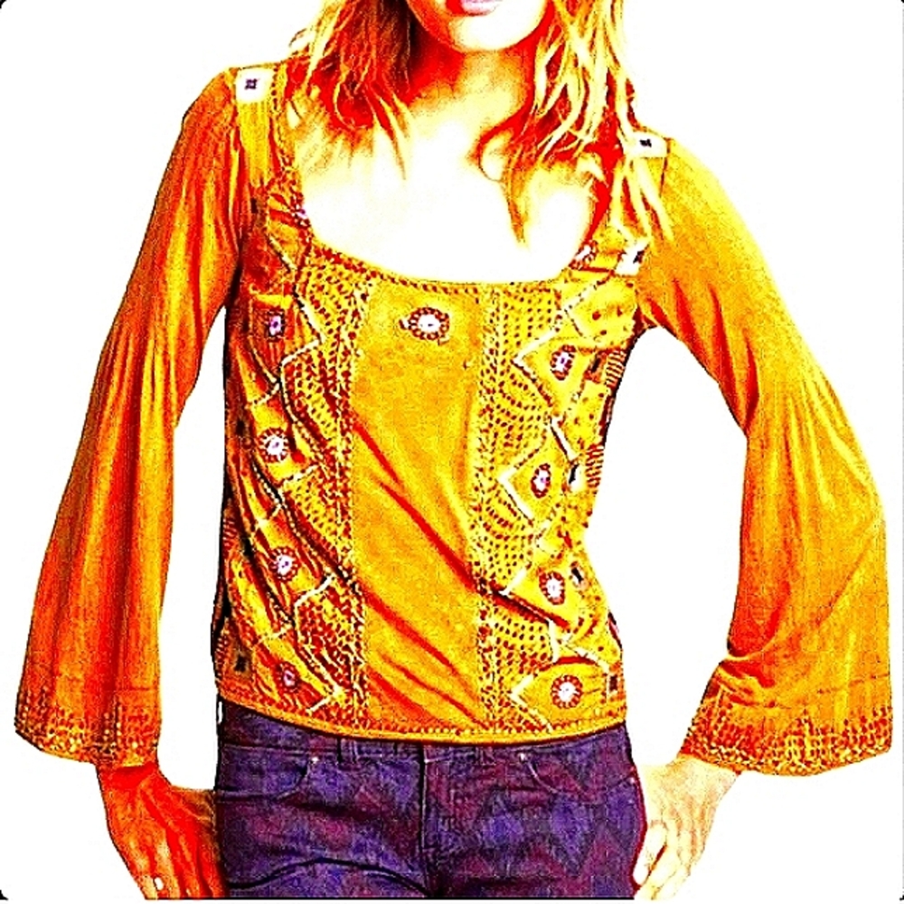 Free People Boho Style Beaded Bell Sleeves Limited Edition Blouse